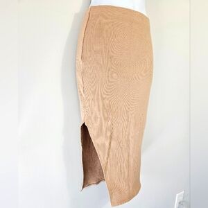 NWT LULUS High Waist Ribbed Fitted Khaki Midi Pencil Skirt Sz XS W/ Cutout Slit